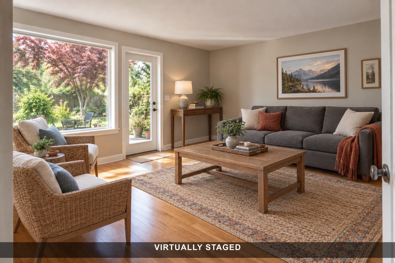 Virtually staged: Lived-in family room, cleared and restaged
