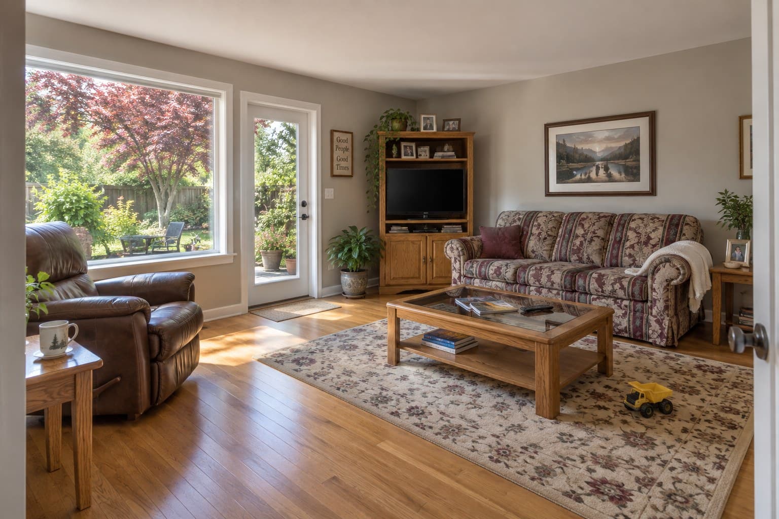 Original image: Lived-in family room, cleared and restaged