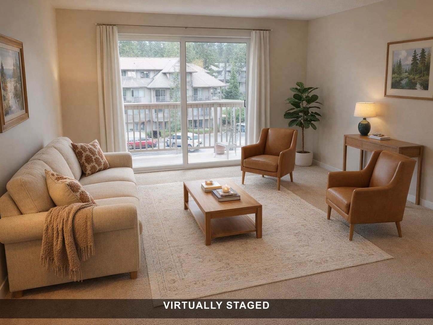 Occupied living room, cleared and re-staged after virtual staging
