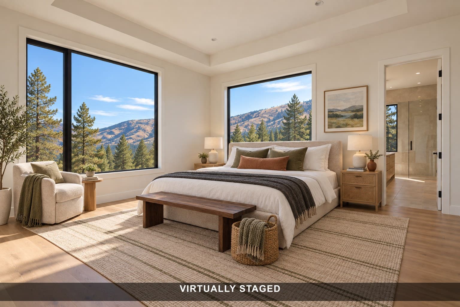 Virtually staged: Empty primary bedroom, furnished